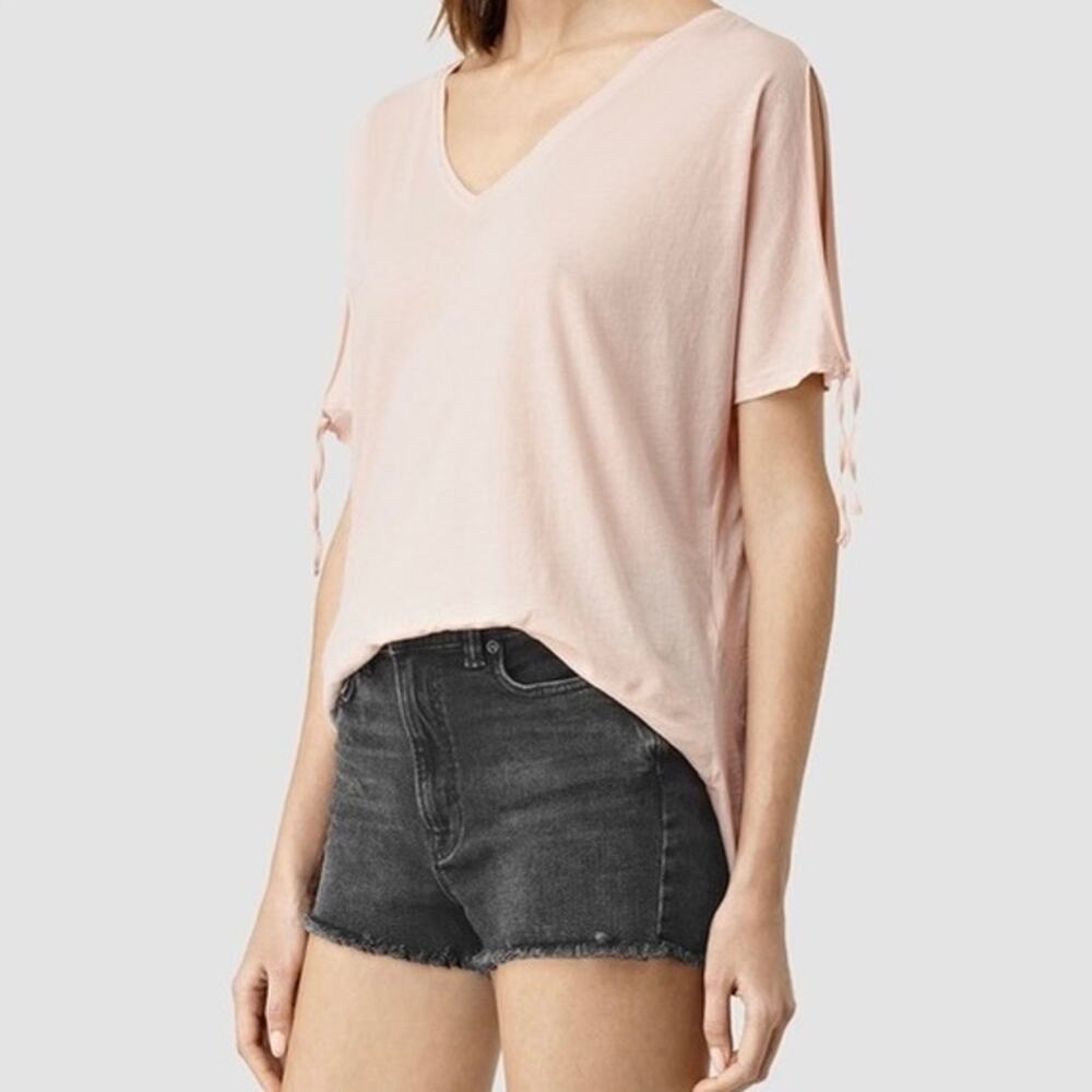 ALLSAINTS Kay Split Tie Sleeve T Shirt Women Small Light Pink Cotton V Neck Logo